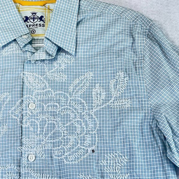 NEW Vintage EXPRESS Mens S Blue Shirt Floral Embroidered Lion Logo Long Sleeve - Picture 1 of 11